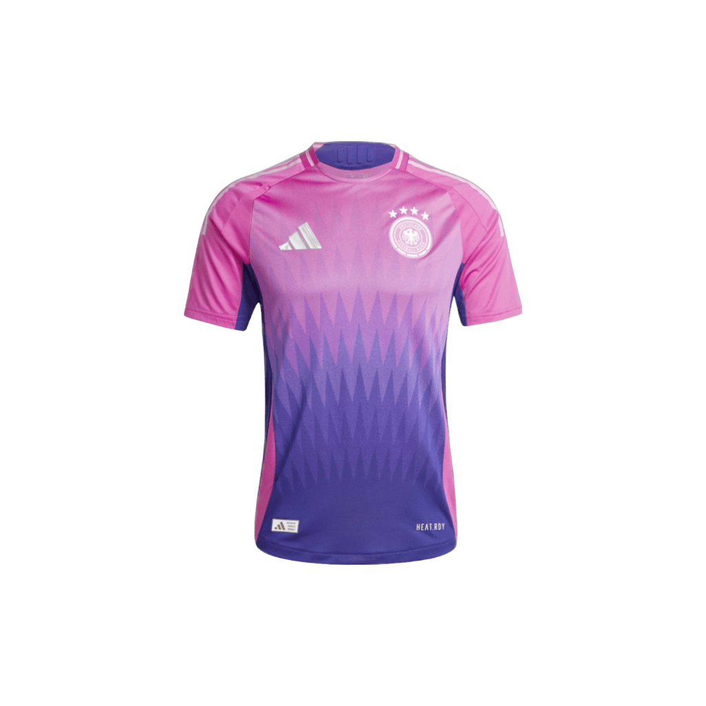Germany Away Football Shirt 2024-25, pink and purple base colour shirt with bold accents, the club crest and "Adidas" branding logo on the chest on a white background - shop now