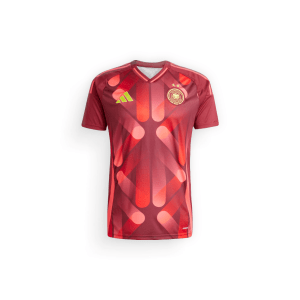 Germany Away Football Shirt 2025-26, red base colour shirt with bold pattern design, the club crest and branding logo on the chest on a white background - shop now