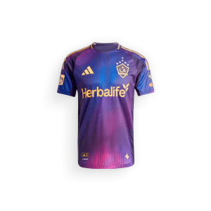 La Galaxy Away Football Shirt 2025, vibrant purple and blue base colour shirt with bold accents, the club crest and branding logo on the chest, with the main sponsor logo in the centre of the shirt, on a white background - shop now