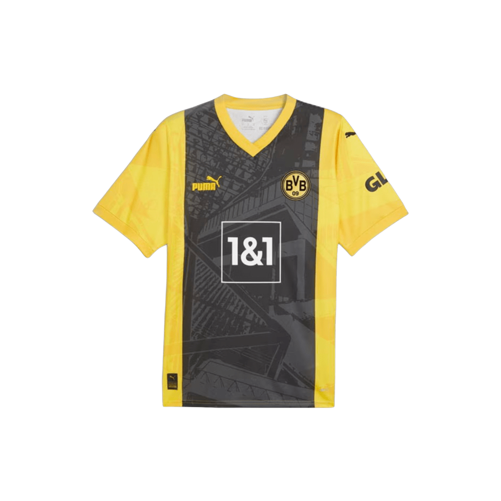 Borussia Dortmund Special Edition Shirt 2024 - black and yellow football shirt, with white accents, the club crest and branding logo on the chest with the main sponsor logo in the centre of the shirt, on a white background - shop now