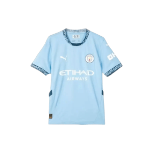 Blue Puma Manchester City Home Football Shirt 2024-25 iconic sky blue base colour shirt with club crest and "Puma" branding logo on the chest with "Etihad Airway" sponsorship logo in the centre of the shirt