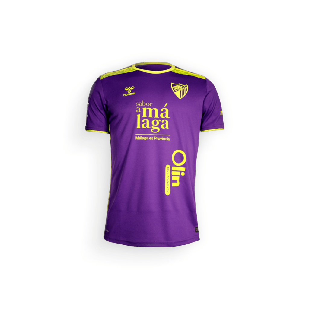 Malaga CF Third Football Shirt 2024-25, vibrant purple base colour shirt with bold golden accents, the club crest and branding logo on the chest and the main sponsor logo in the centre of the shirt on a white background - shop now