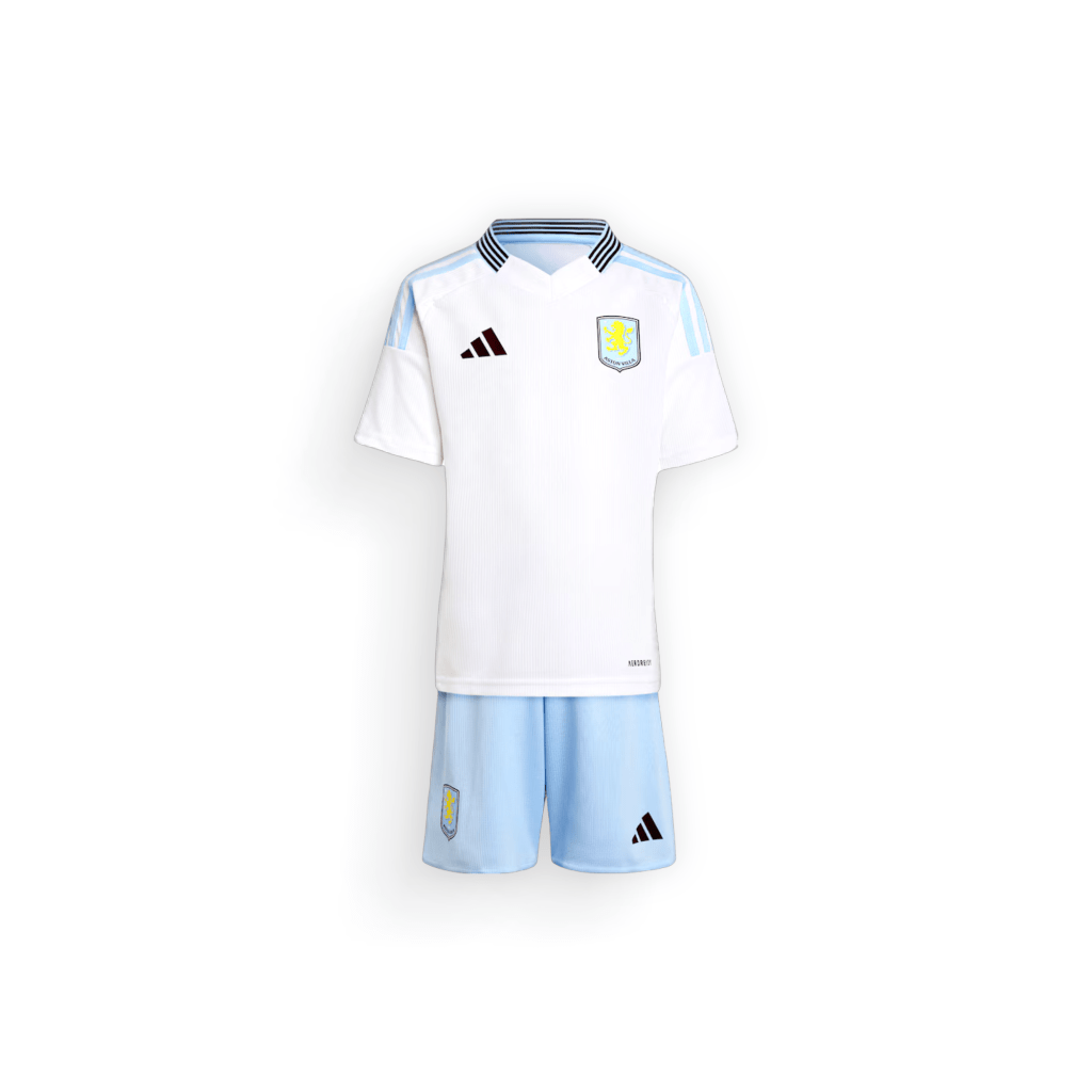 Aston Villa Away Kids Football Kit 2024-25, bright white base colour shirt with bold accents, the club crest and branding logo on the chest, with pale blue coloured shorts, on a white background - shop now
