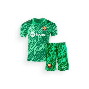 Barcelona Kids Goalkeeper Kit 2024-25, vibrant green base colour shirt with unique pattern design, the club crest and branding logo on the chest and the main sponsor logo in the centre of the shirt, with matching green base coloured shorts on a white background - shop now