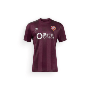 Hearts of Midlothian Home Football Shirt 2024-25, maroon coloured shirt with bold white accents, the club crest and branding logo on the chest and the main sponsor logo in the centre of the shirt, on a white background - shop now