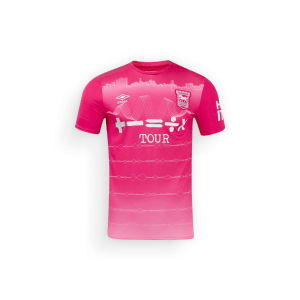 Ipswich Town Third Football Shirt 2024-25, vibrant pink base colour shirt with white pinstripe design and bold accents, the club crest and branding logo on the chest and the main sponsor logo in the centre of the shirt, on a white background - shop now