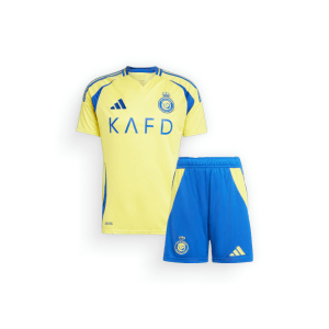 Al-Nassr Home Kids Football Kit 2024-25, yellow base colour shirt with bold blue accents, the club crest and branding logo on the chest and the main sponsor logo in the centre of the shirt, with blue base colour shorts and yellow accents, on a white background - shop now