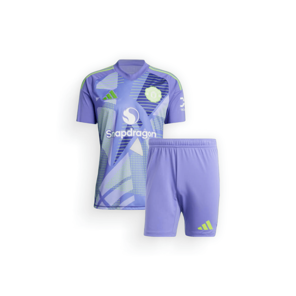 Manchester United Kids Goalkeeper Football Kit 2024-25, vibrant light blue base colour shirt with unique pattern design with bold white accents, the club crest and branding logo on the chest and the main sponsor logo in the centre of the shirt, with matching light blue base colour shorts, on a white background - shop now