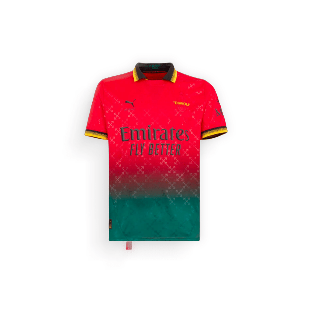 Puma Red AC Milan X Off-White Fourth Shirt 2024-25 - Red, with green, black and yellow accents and the Emirates sponsor logo