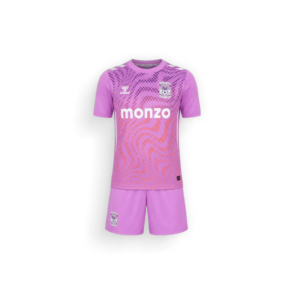Official Pink Coventry City 2026/27 kids third kit set featuring the third shirt, matching shorts.