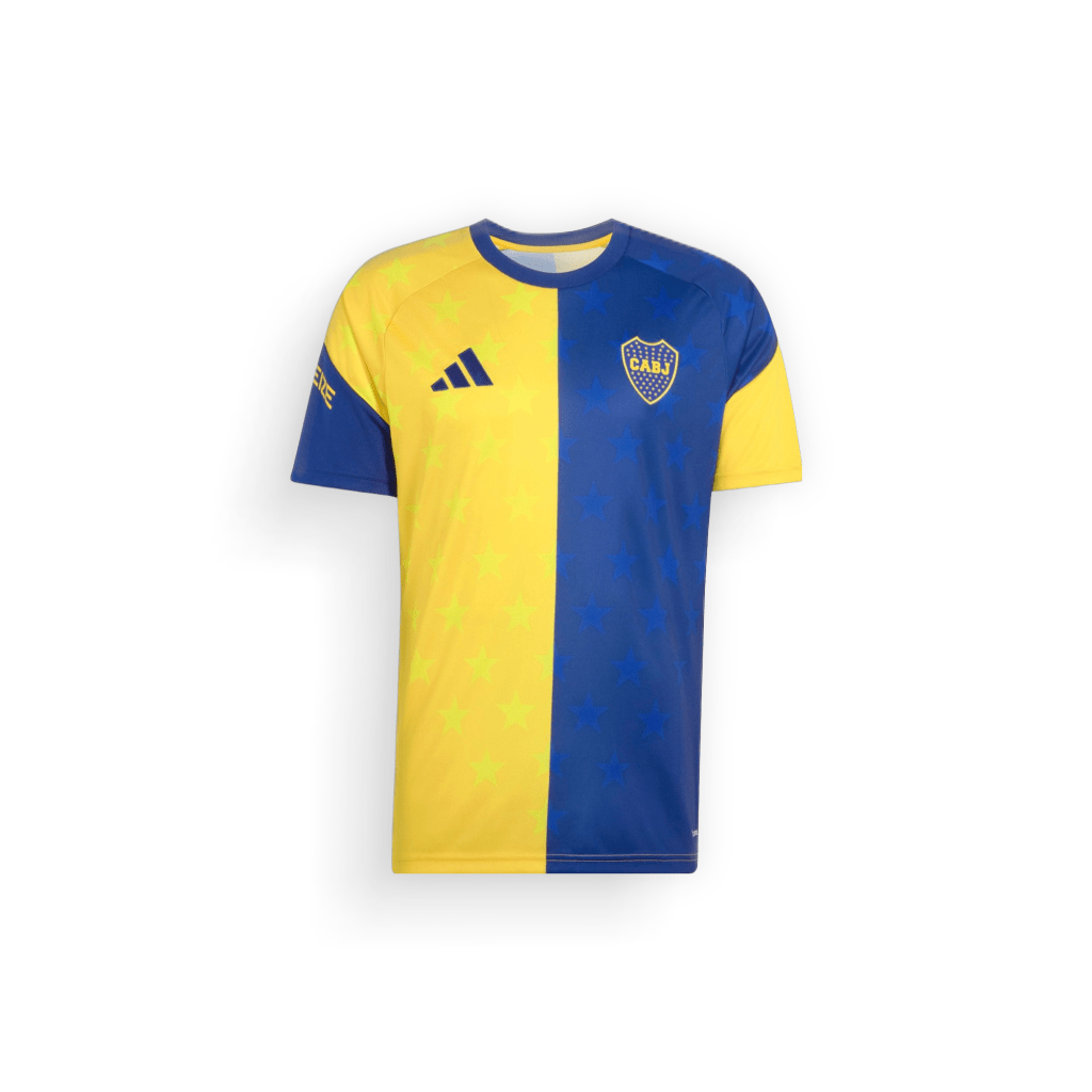 Front view of the 2026-27 Boca Juniors pre-match football shirt, featuring an all-over patterned graphic design, short sleeves, and the club crest on the chest.