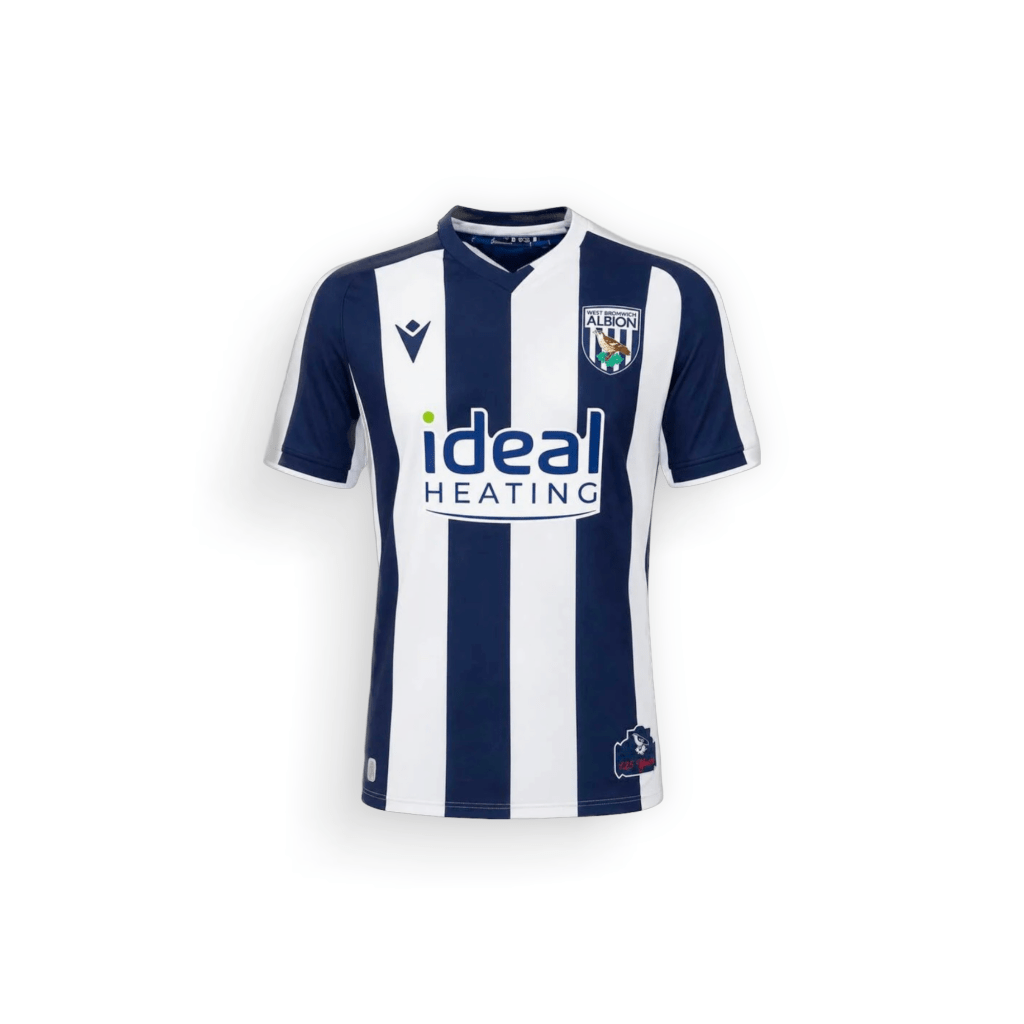 Front view of the 2026-27 West Bromwich Albion home football shirt, featuring traditional navy blue and white vertical stripes, short sleeves, sponsor logo, and the woven club crest on the chest.